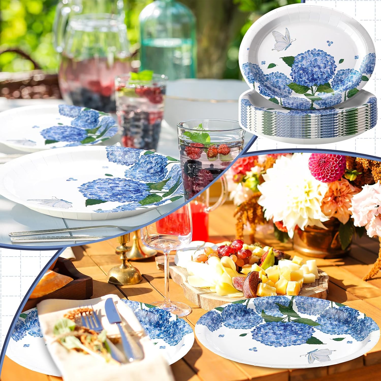 50 Pcs Blue Hydrangea Oval Paper Plates for Summer Parties