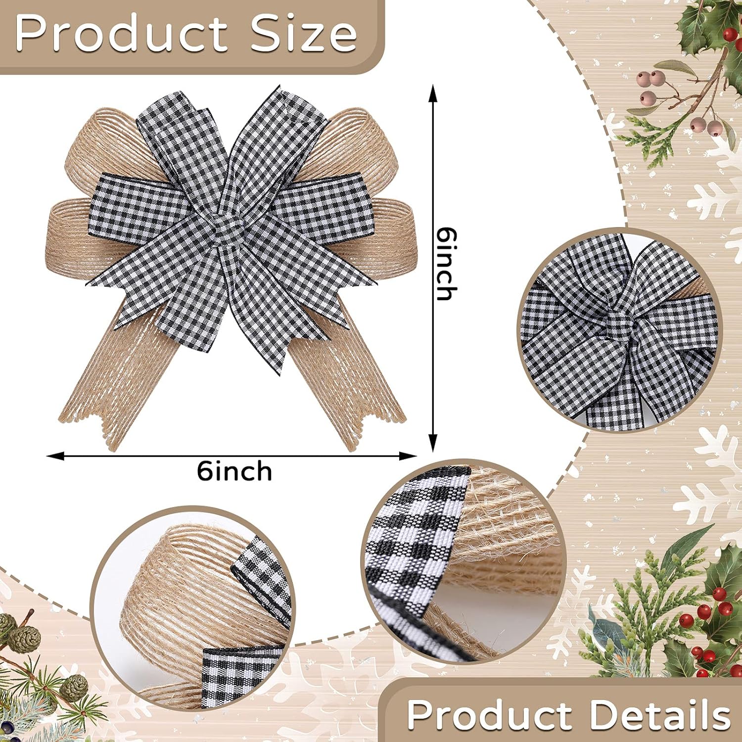 Chuangdi 6 Pcs Christmas Plaid Bow Decorations