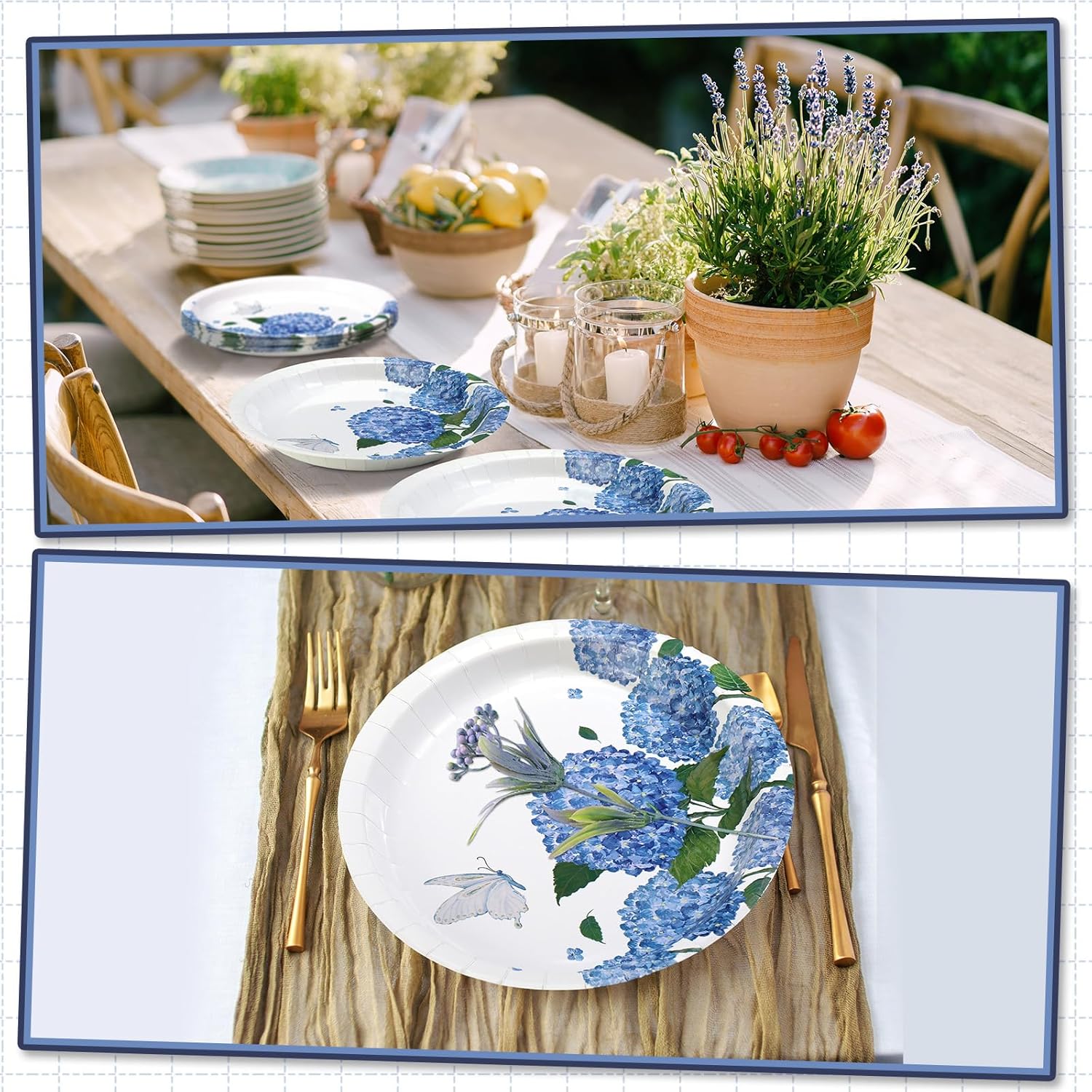 50 Pcs Blue Hydrangea Oval Paper Plates for Summer Parties