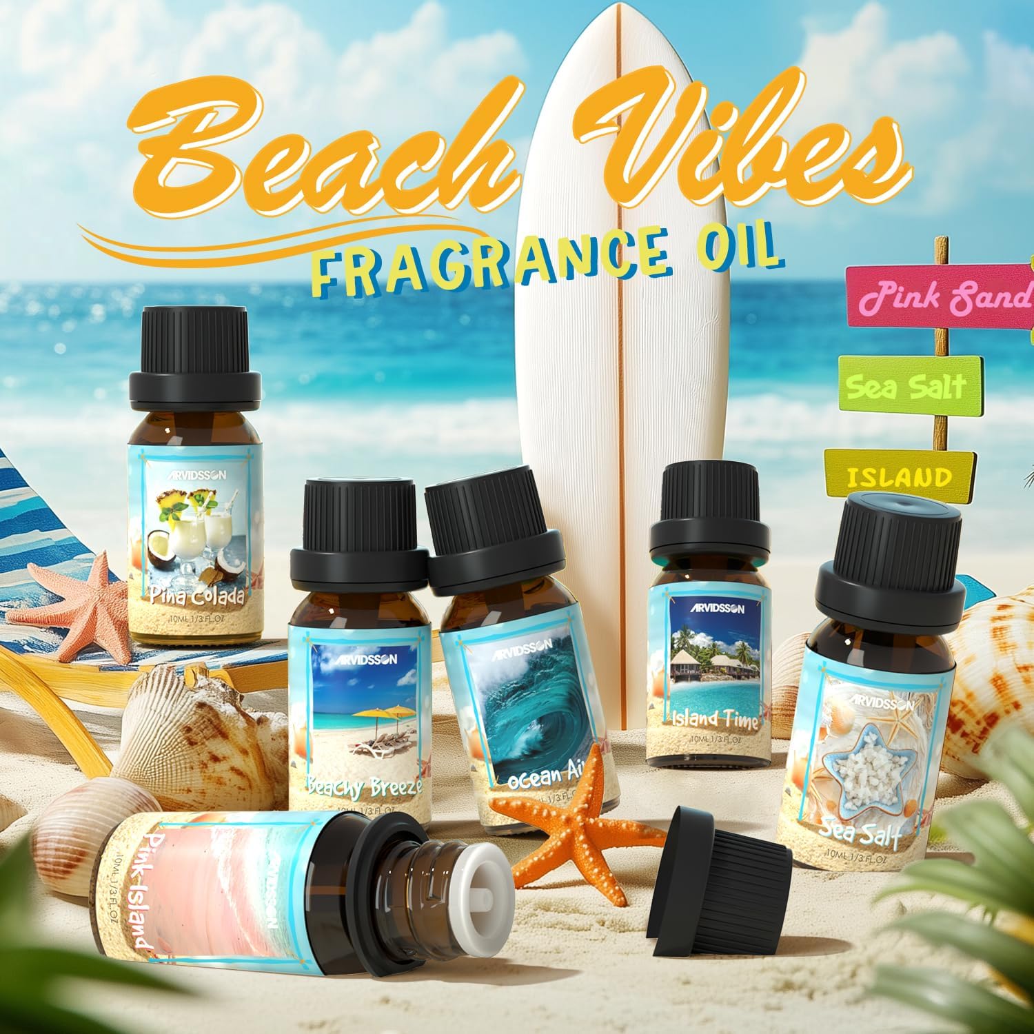 ARVIDSSON Beach Fragrance Oil Set - 7 Tropical Essential Oils for Diffuser