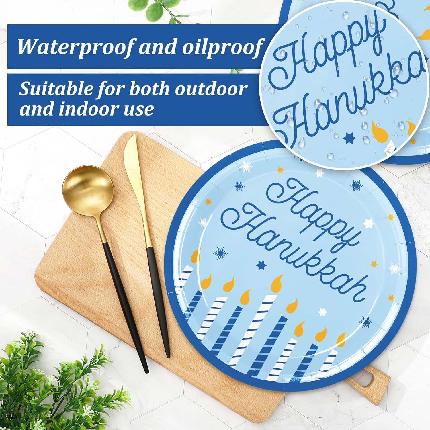 Whaline 24Pcs Happy Hanukkah Paper Plates