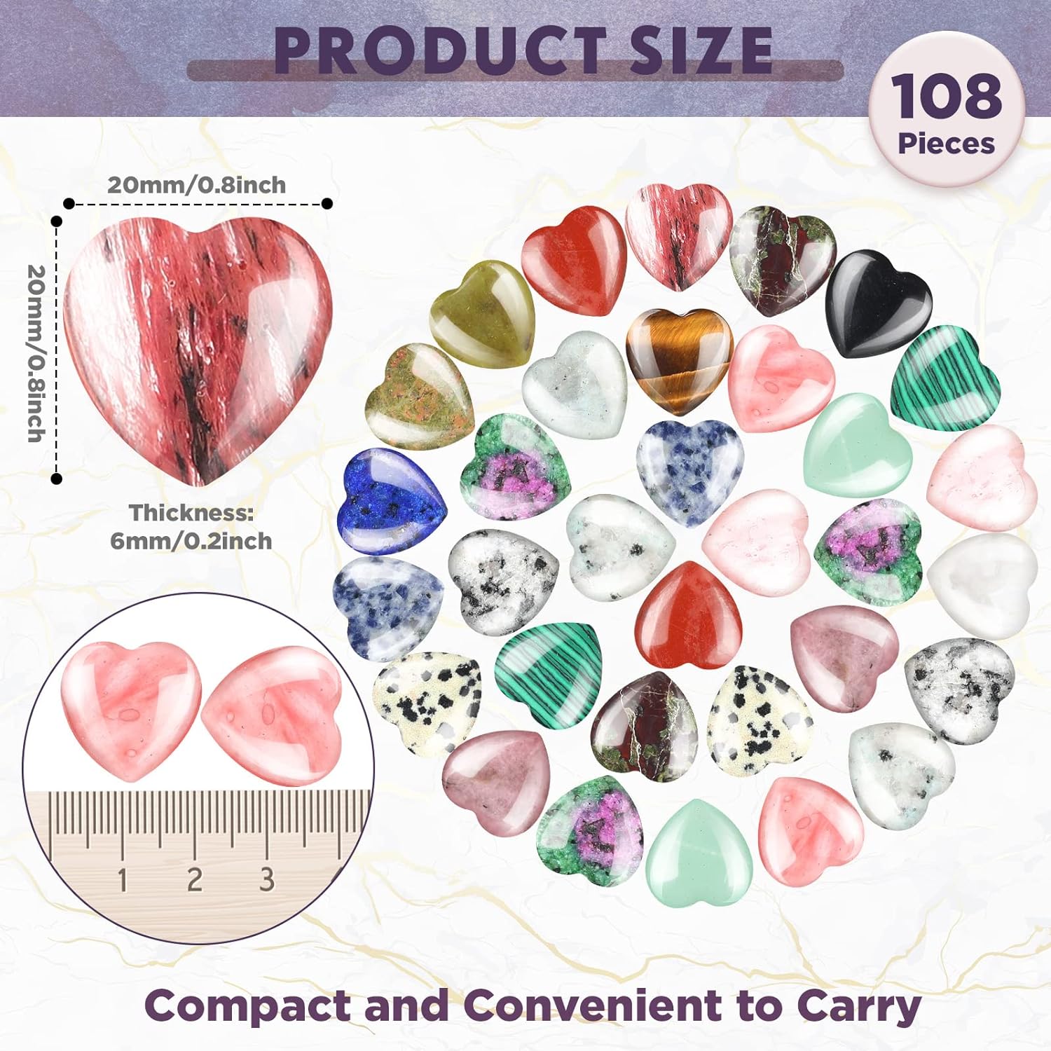 108 Pcs Heart Shaped Worry Stones Crystal Healing Stones
