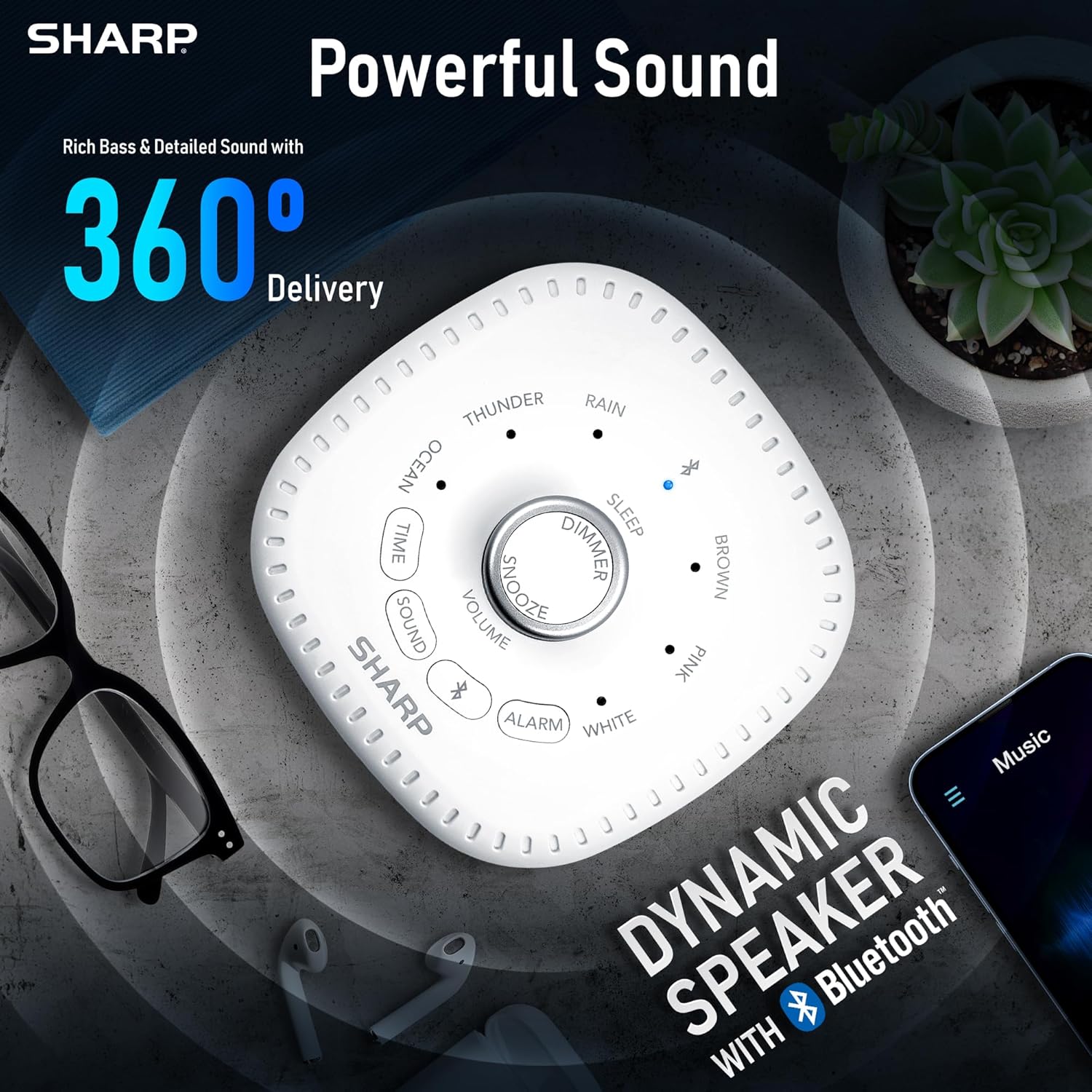 Sharp Sound Machine Alarm Clock with Bluetooth Speaker
