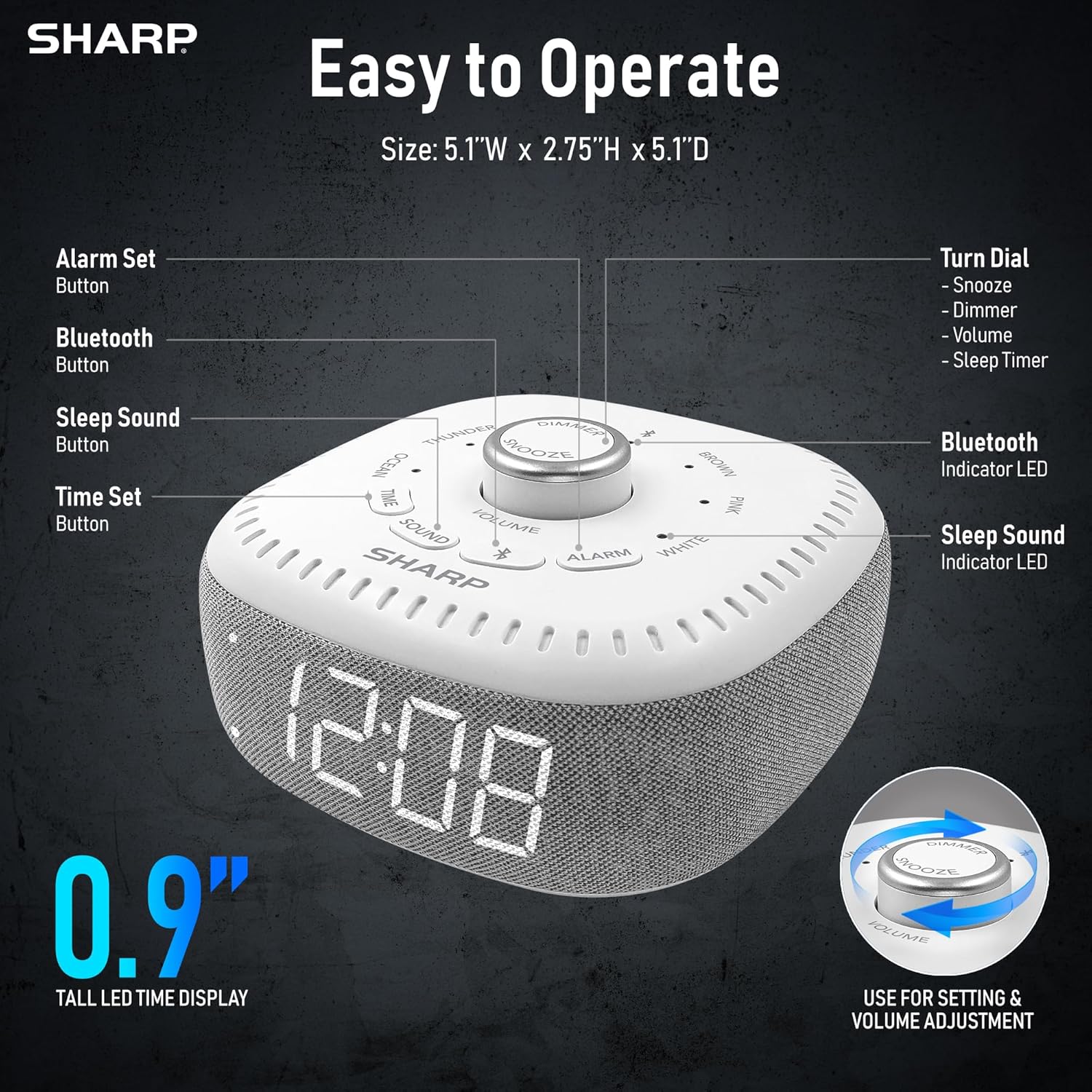 Sharp Sound Machine Alarm Clock with Bluetooth Speaker