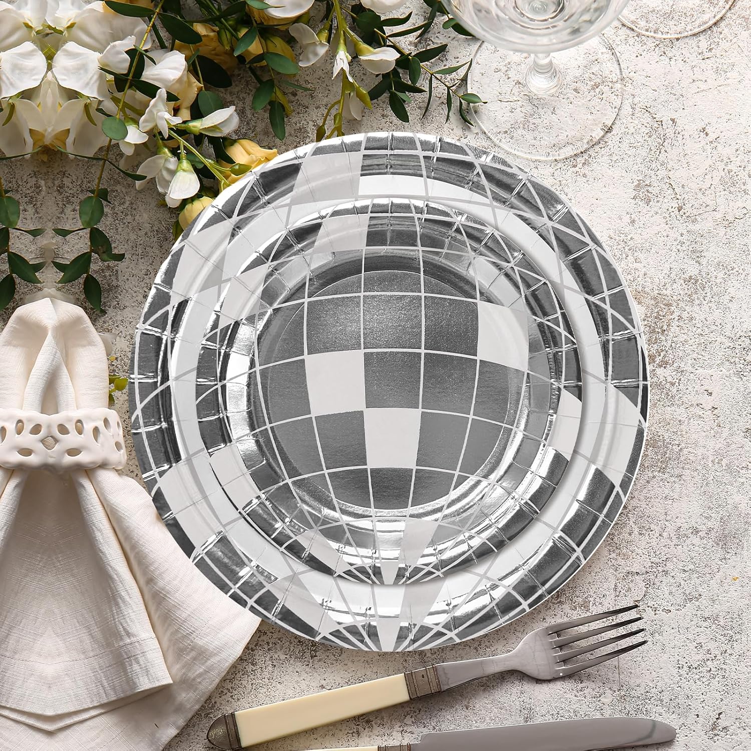 LeZakaa 50Pcs Disco Ball Paper Plates Set
