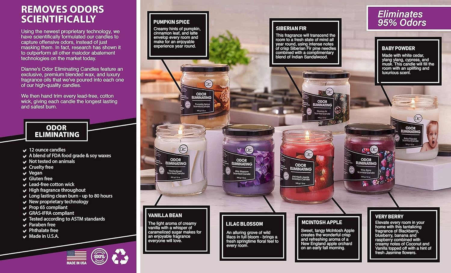 Vanilla Bean Odor Eliminating Candle 12 Ounce