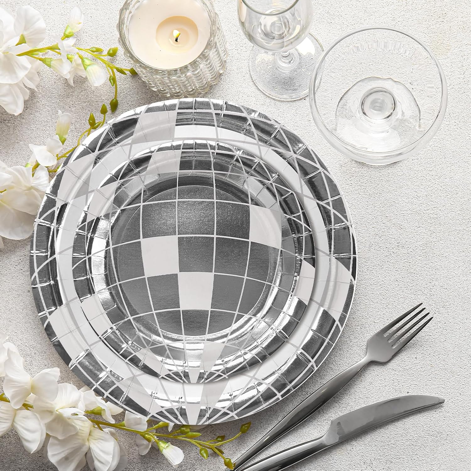 LeZakaa 50Pcs Disco Ball Paper Plates Set