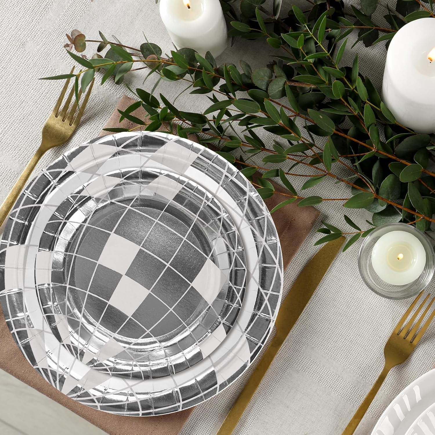 LeZakaa 50Pcs Disco Ball Paper Plates Set